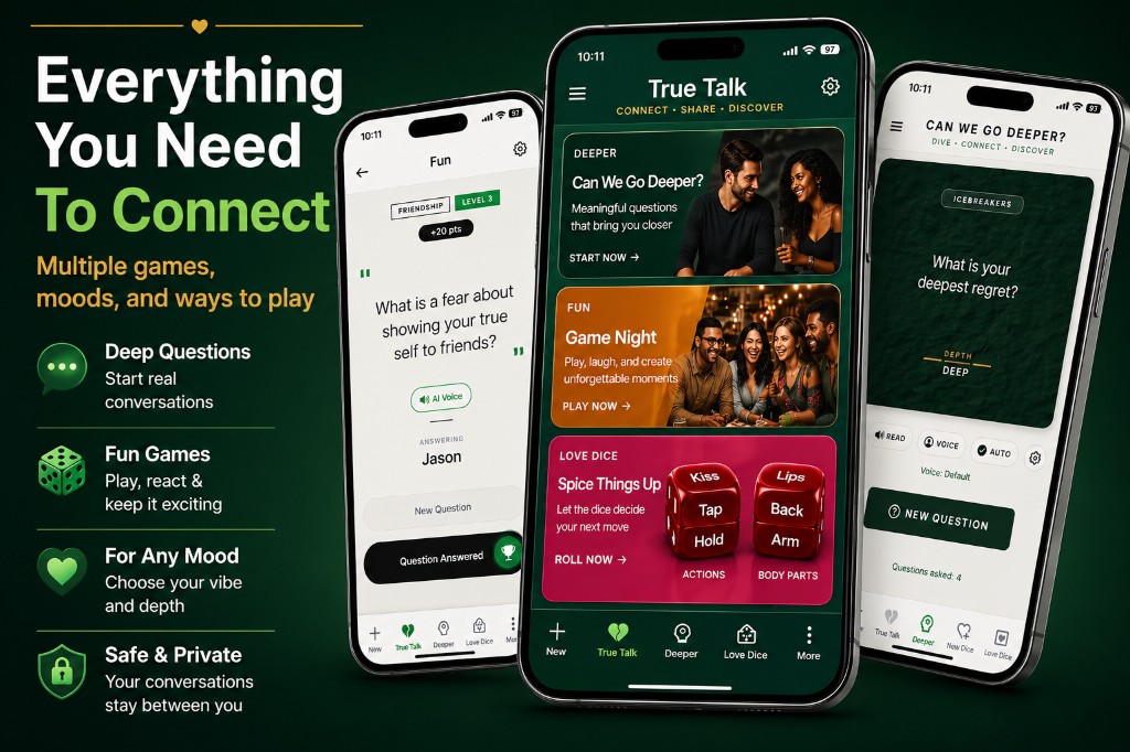 True Talk app interface showing True Talk, Can We Go Deeper, and Love Dice games