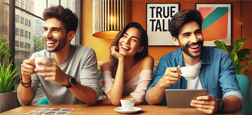 Three friends laughing together at a cafe