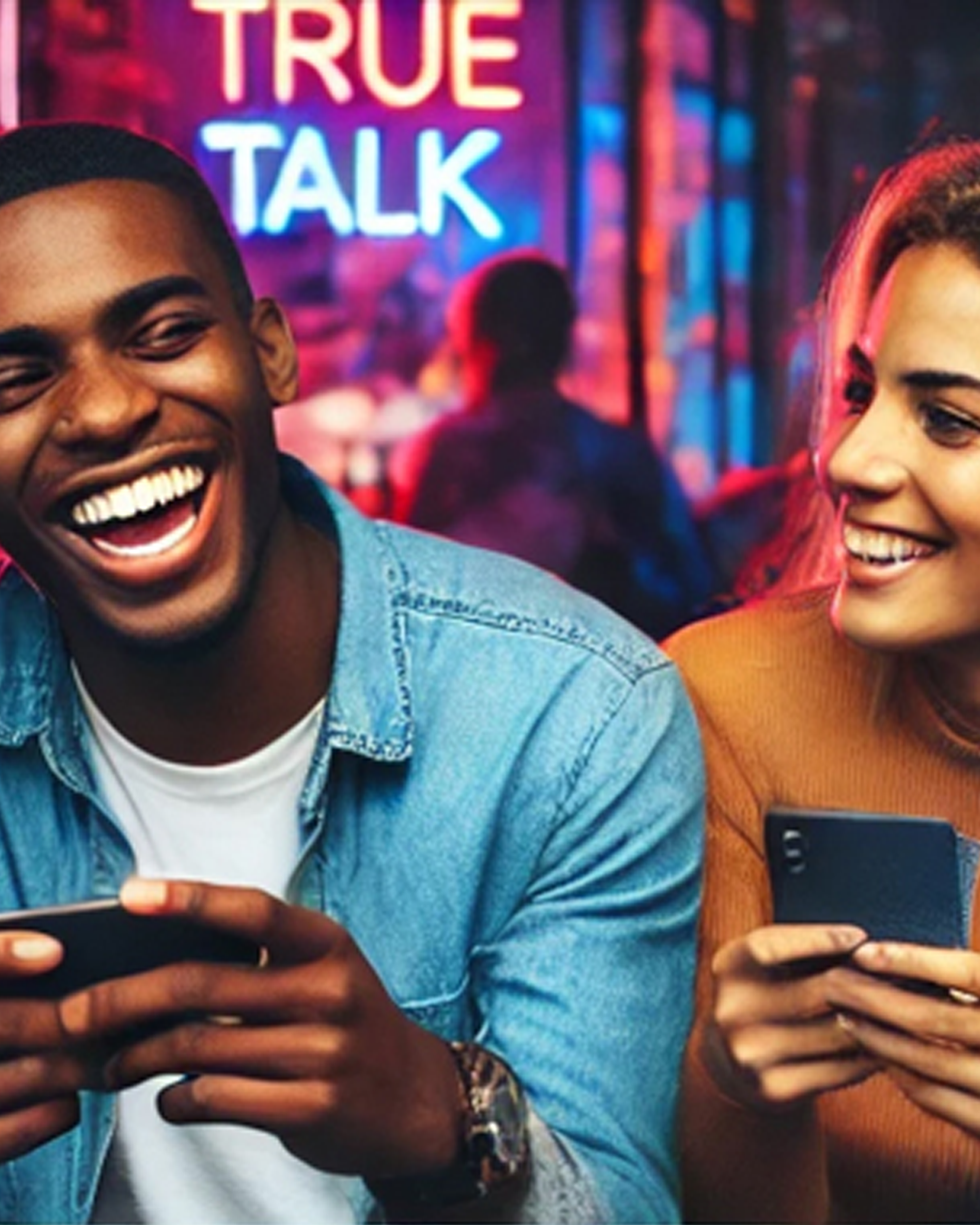 Friends laughing together with True Talk neon sign in the background