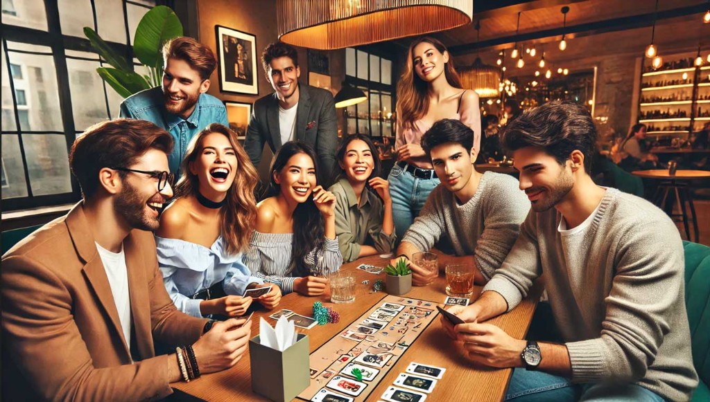 Group of friends at a restaurant playing True Talk